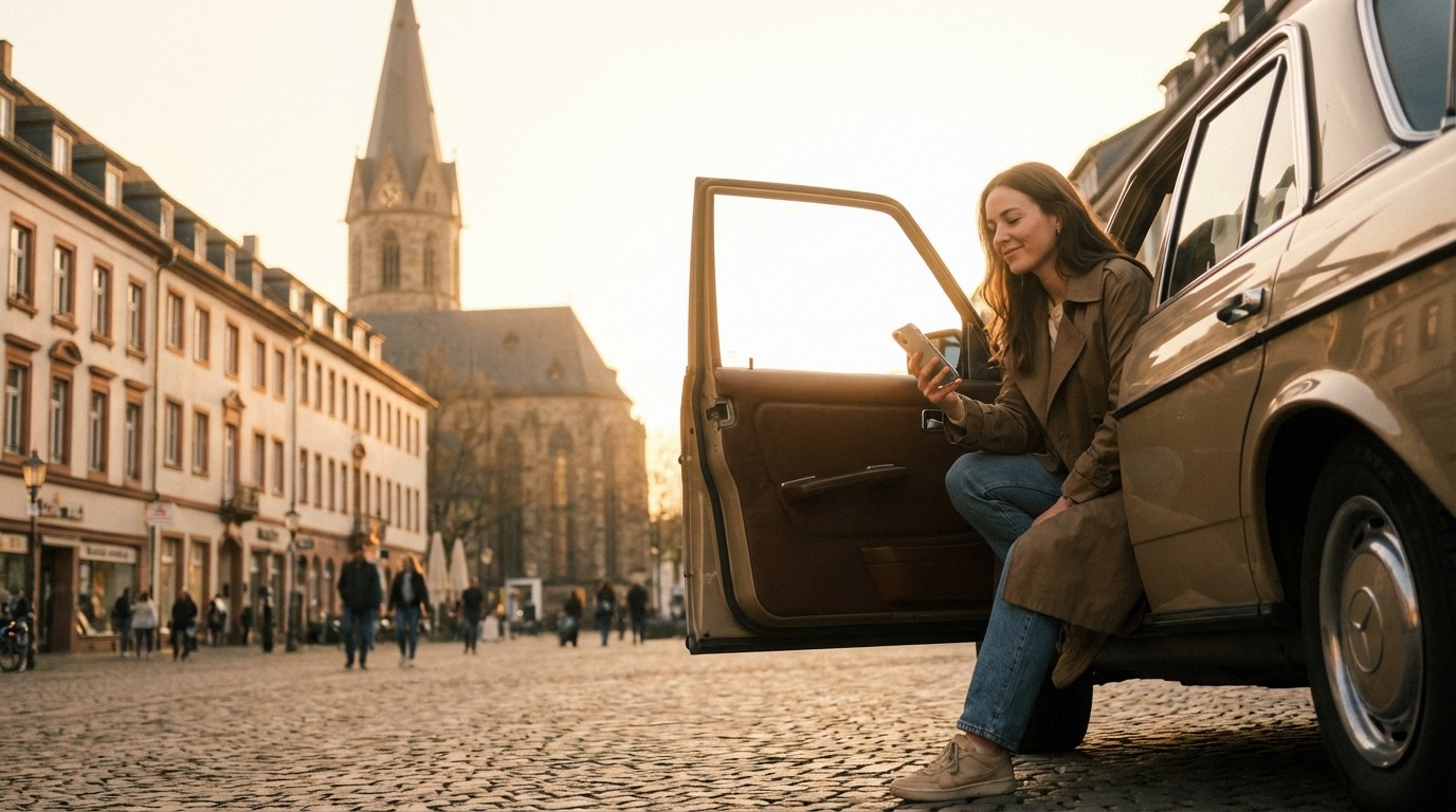 two people looking at a tablet and smiling