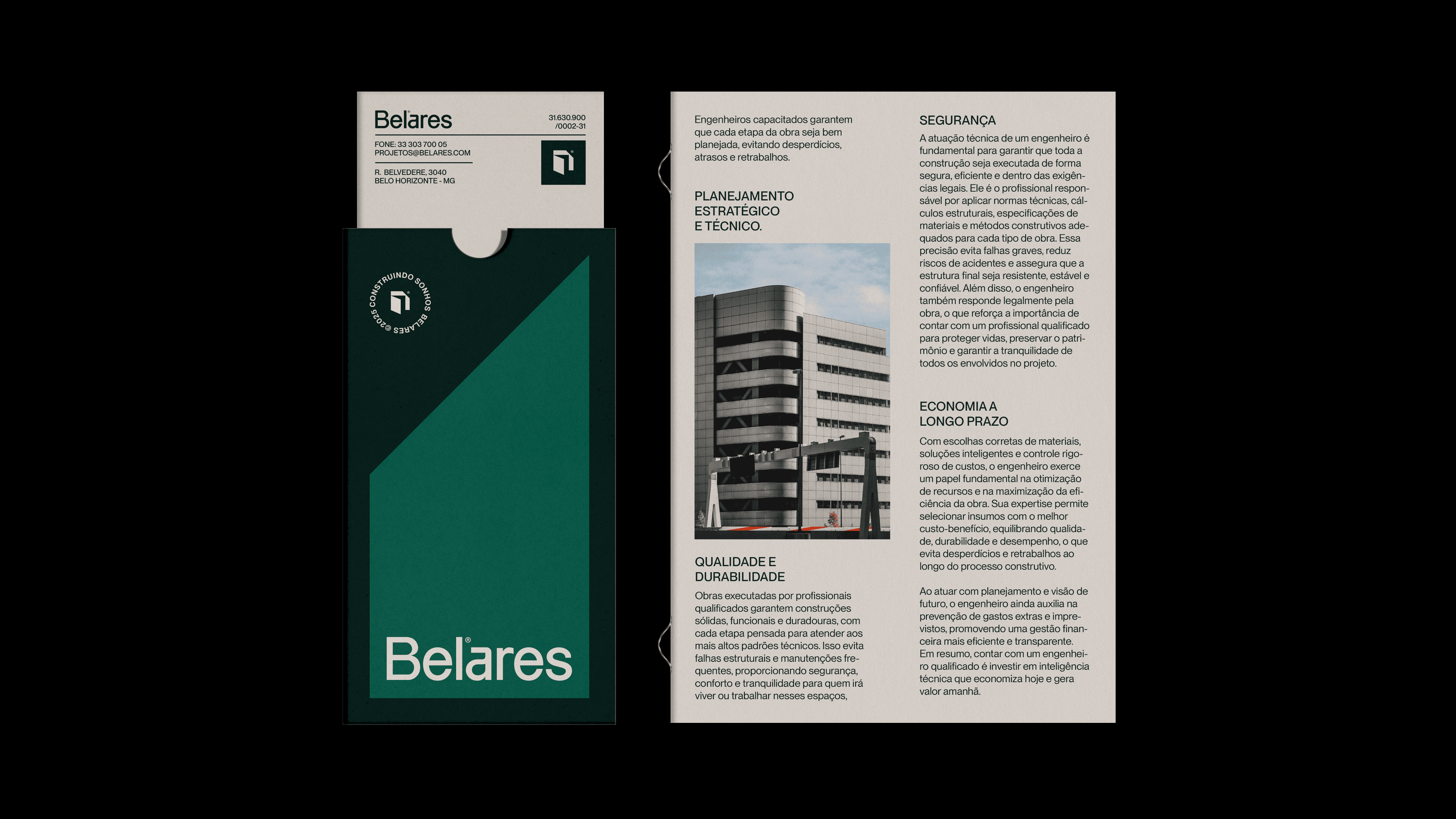 Material impresso institucional da Belares com brochura e folder técnico, em design minimalista verde e bege.