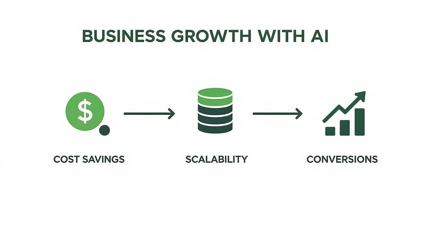 Flow diagram illustrating business growth with AI through cost savings, scalability, and increased conversions.