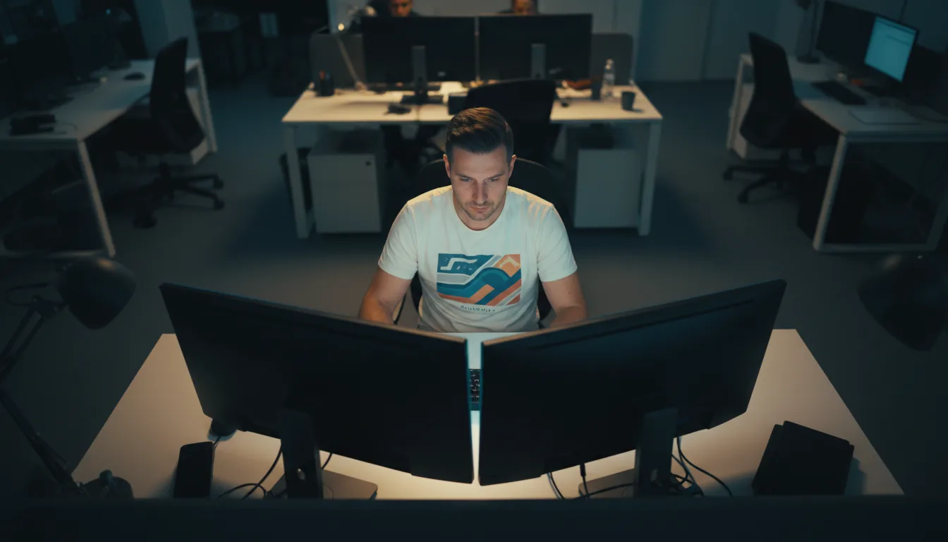High-angle DSLR shot from over a dual-monitor computer workstation, focusing on a man in his early 30s working intently. He has short dark hair and is wearing a cream t-shirt with a vintage graphic. The setting is a modern, dimly lit office with directional overhead lighting creating cinematic contrast. The background is blurred with a shallow depth of field, showing other workstations. The tops of the two large black computer monitors frame the man in the foreground.