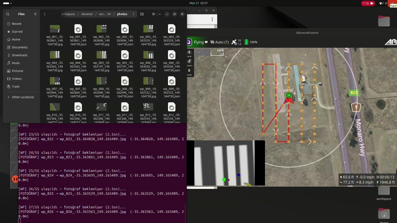 Gazebo, ArduPilot SITL and QGroundControl running the 55-waypoint survey. The file browser on the left is the point of the exercise: each waypoint produces a JPEG whose filename carries the capture latitude and longitude, paired with a JSON sidecar holding the full pose.