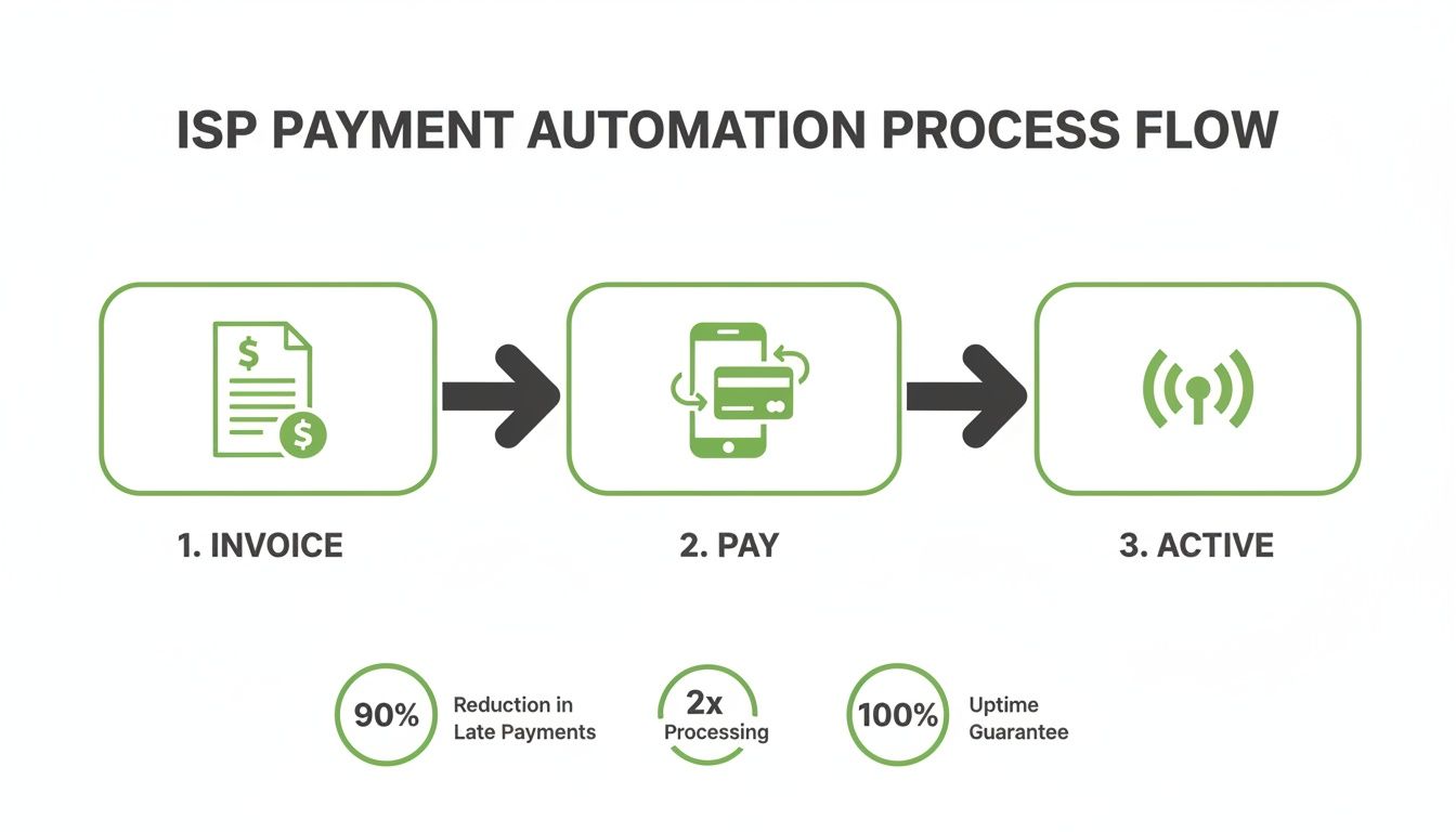 An ISP payment automation process flow, illustrating steps like invoice, pay, and activation, with benefits like reduced late payments.