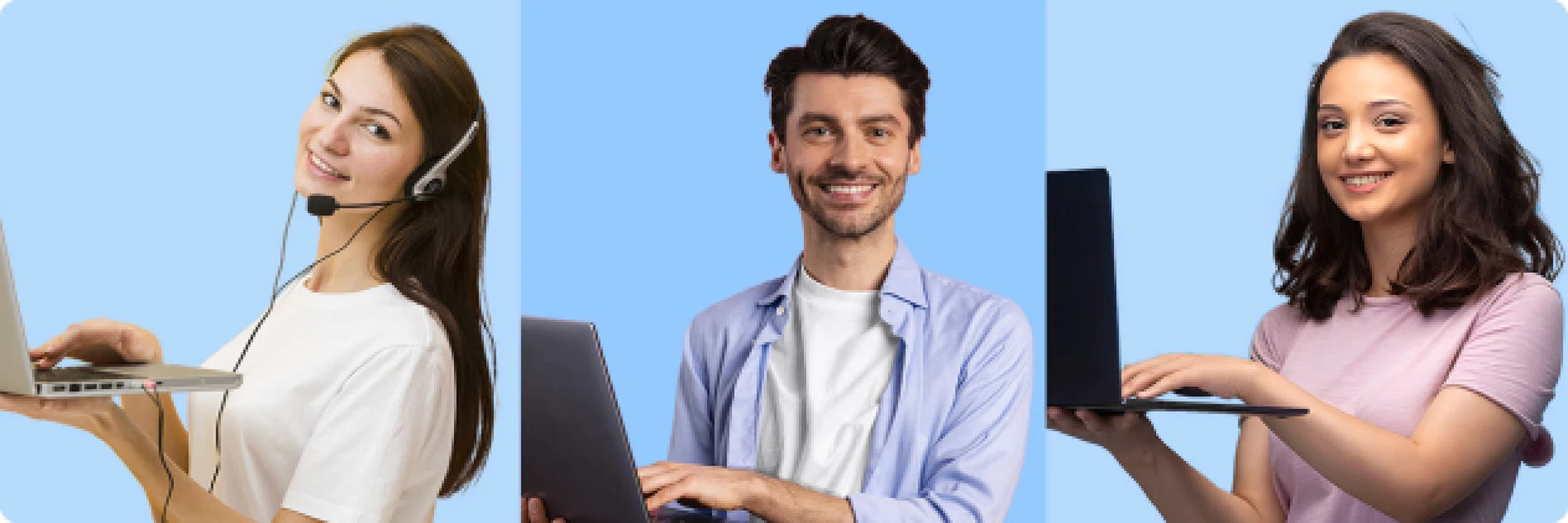 Equipe de atendimento ao cliente usando laptops e headset para suporte B2B
