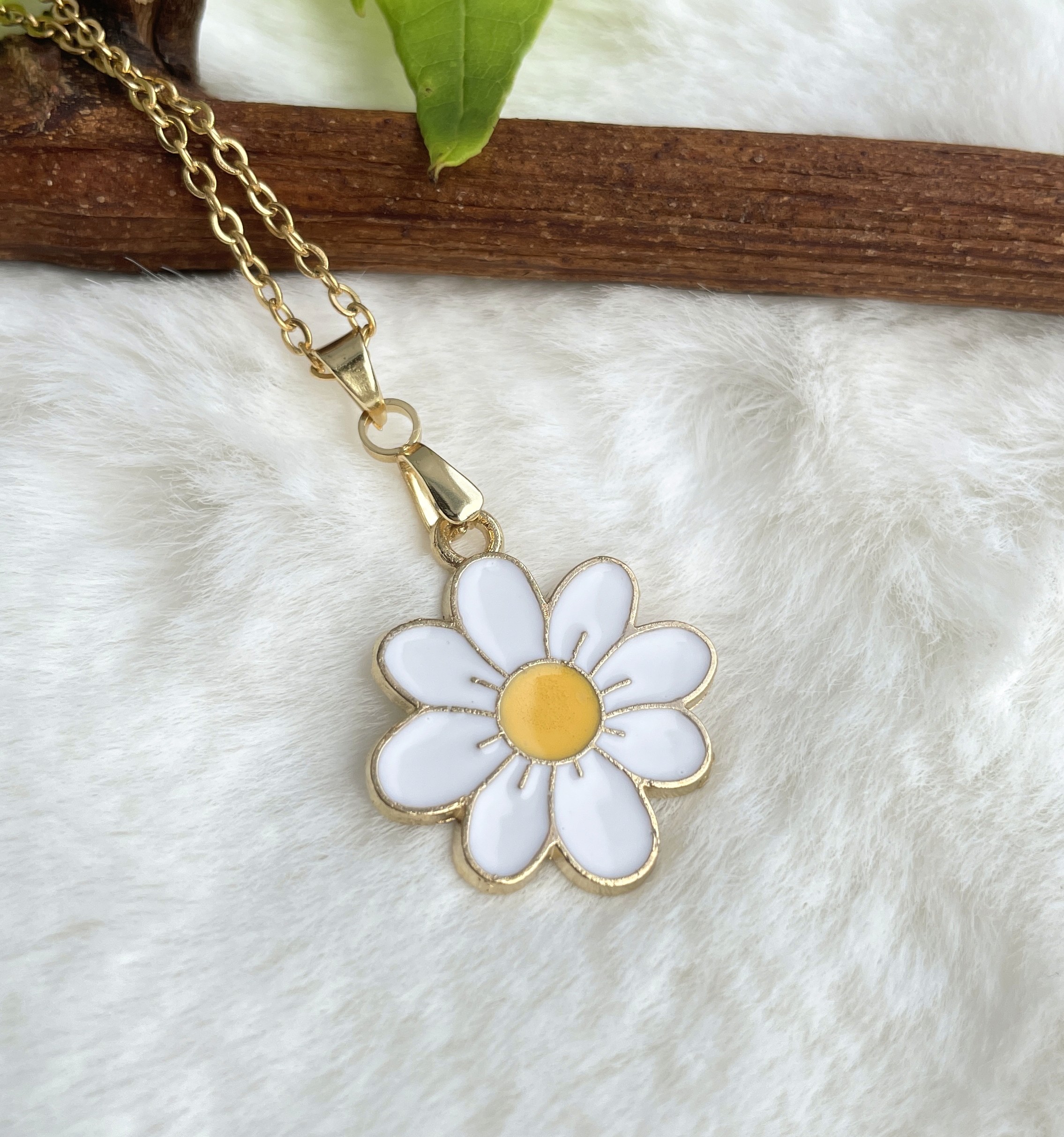 Daisy Necklace - White and Yellow Enamel Flower Pendant with Stainless Steel Chain