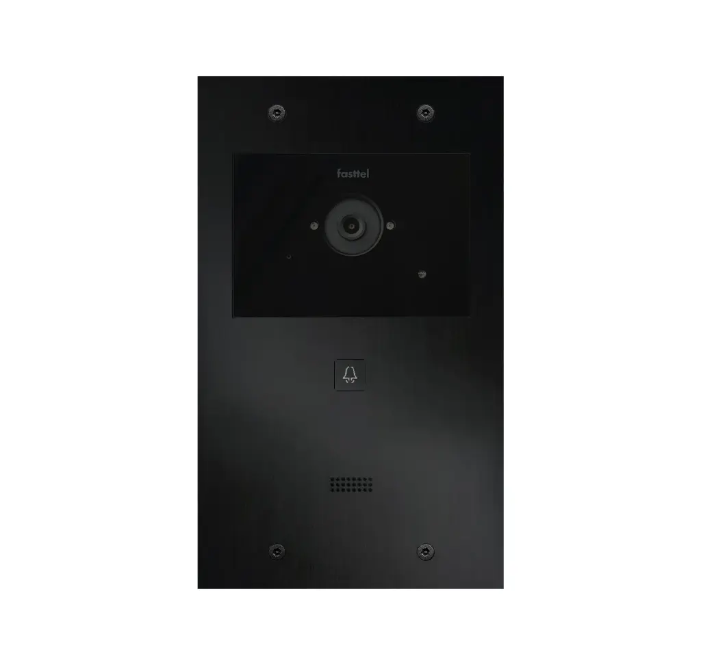 Black smart home device with screen showing time and temp