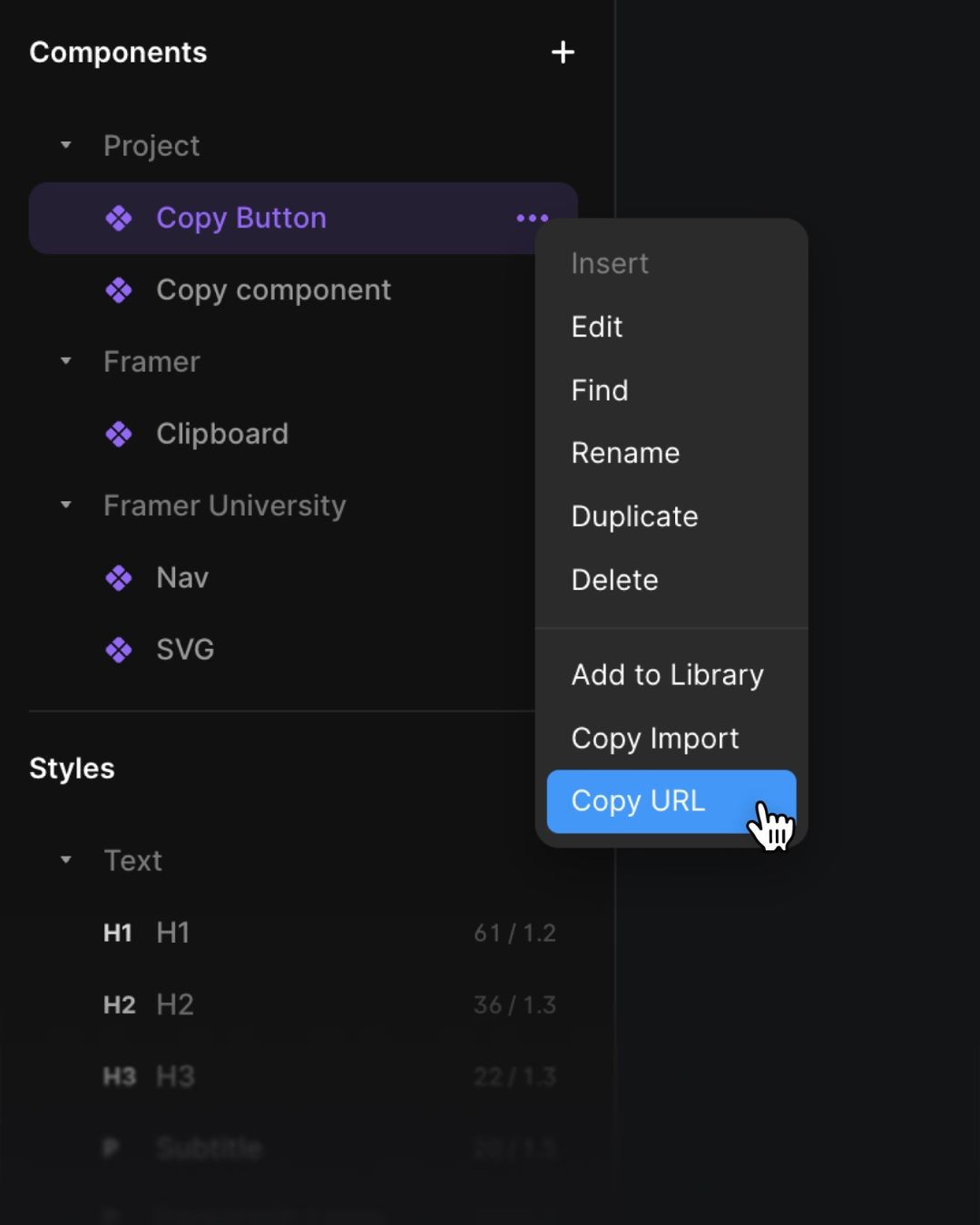 User interface displaying a contextual menu for a 'Copy Button' component with options like Insert, Edit, Rename, and Copy URL highlighted by a hand cursor