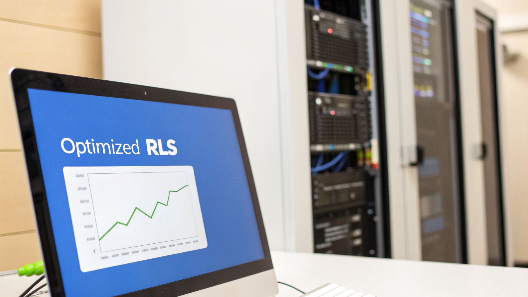 A computer screen displays 'Optimized RLS' with an upward trending graph in a server room.