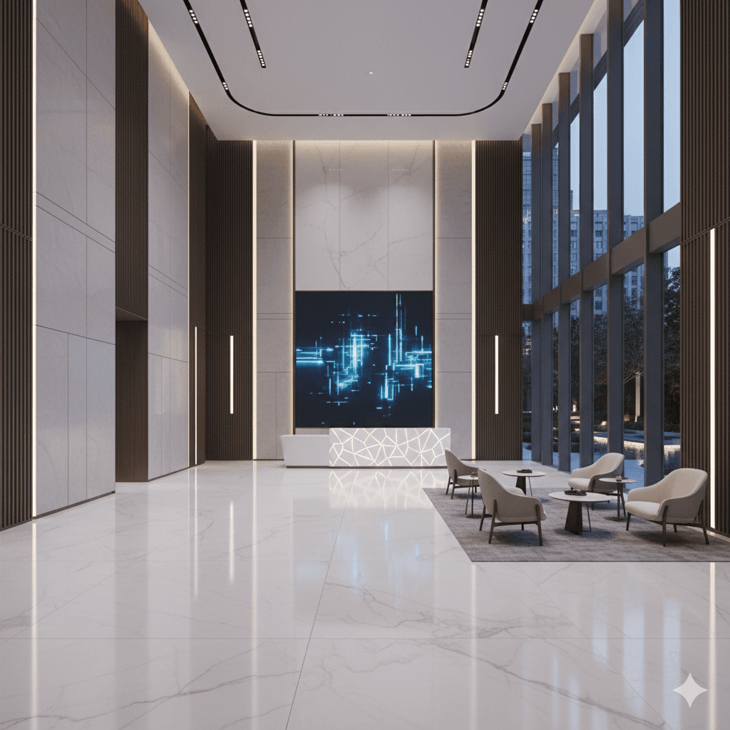 Luxury corporate lobby with marble flooring in a Sector 67 commercial project