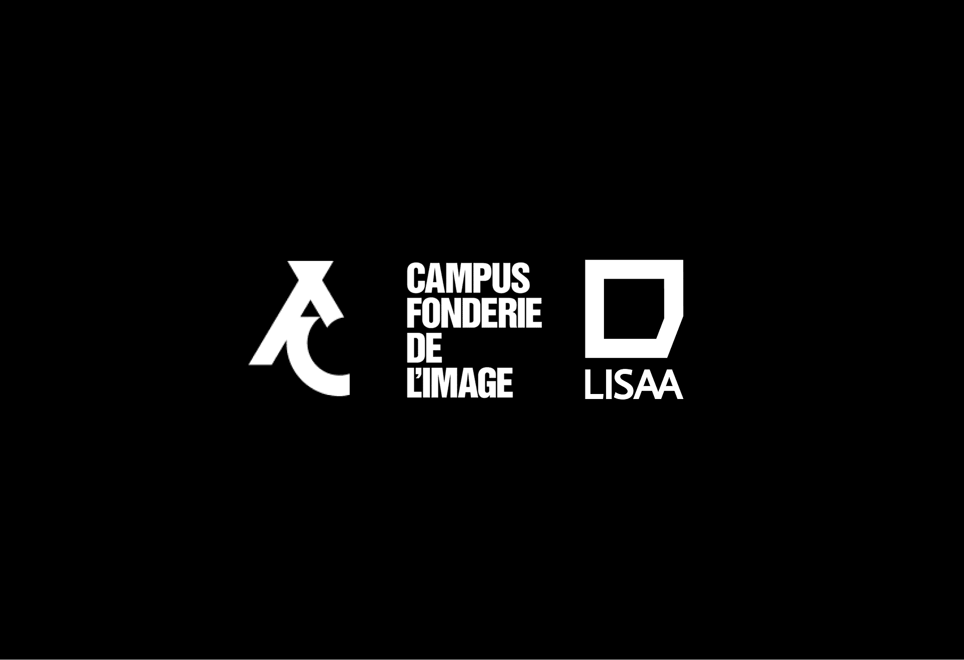 Logos des écoles et établissements de design à Paris : Campus Fonderie de l’Image, Lycée Alfred Costes et LISAA, présentés sur fond noir.