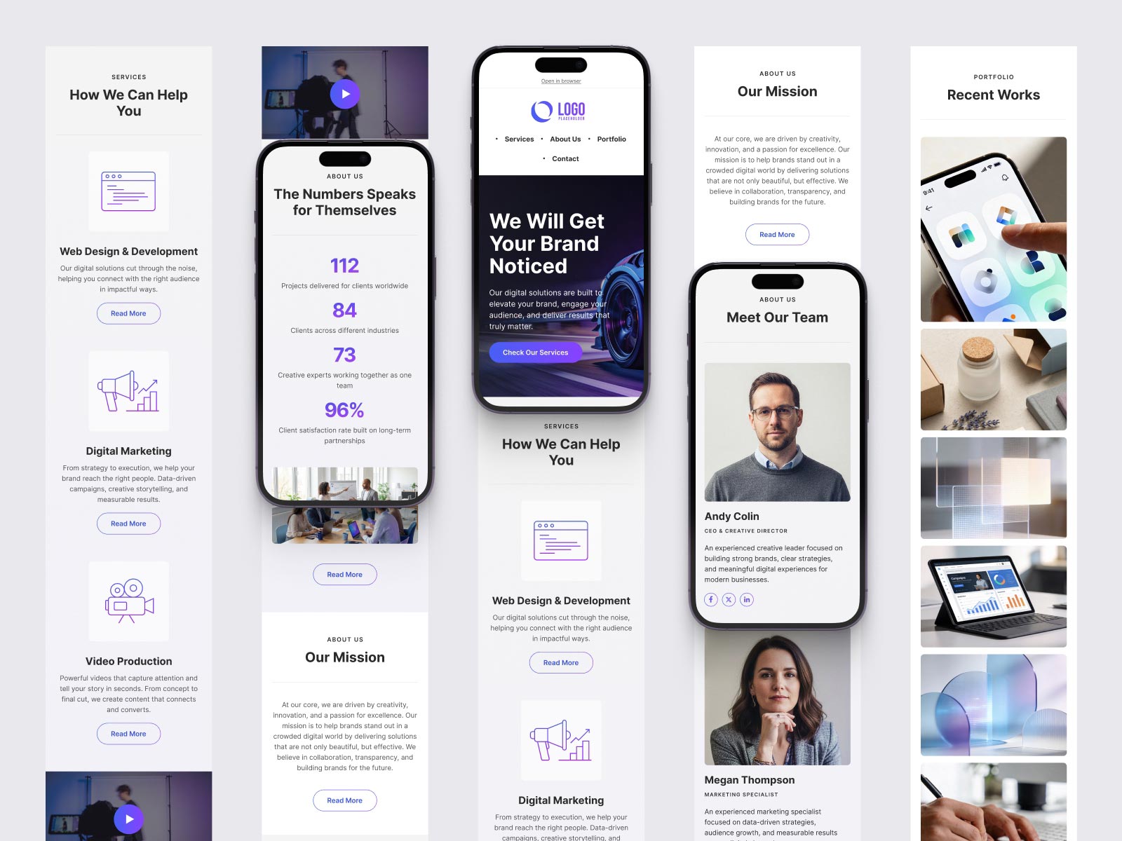 Kora email template displayed on mobile phones and desktop screens showing responsive design with hero banner and team member cards