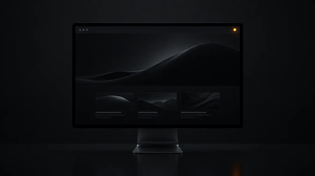 Minimal monitor screen displaying a polished dark website with a glowing orange live indicator, representing completed websites