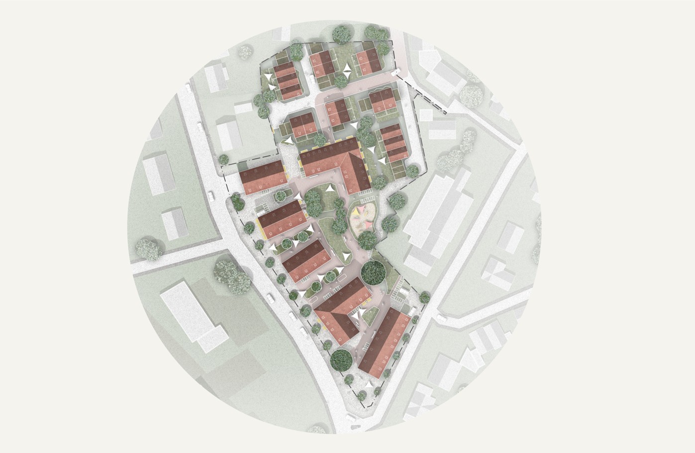 Isometrische Zeichnung eines Bauprojekts mit mehreren Gebäuden und markierten Strukturen in Rot