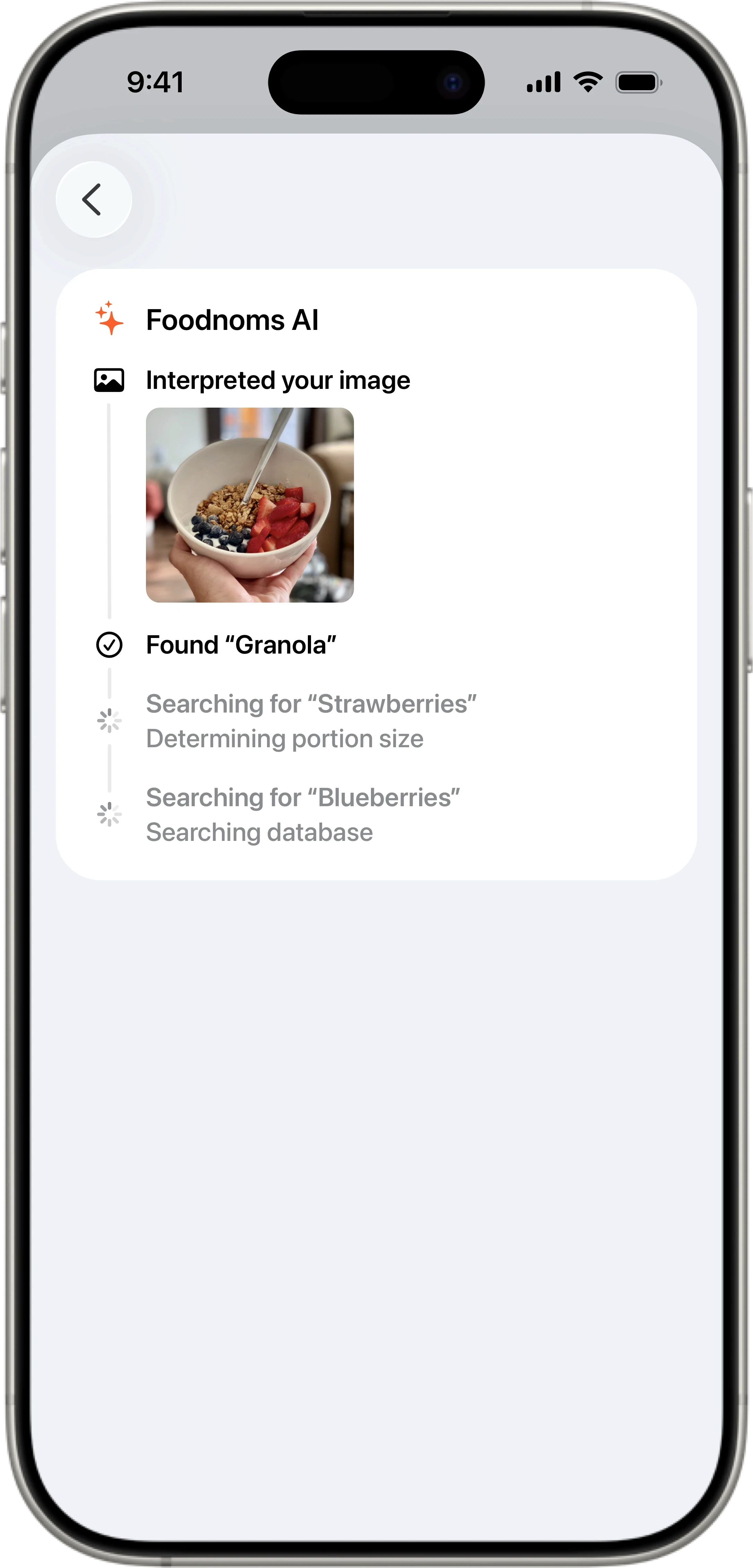 Foodnoms AI feature identifying foods from a photo to quickly log meals and track nutrition