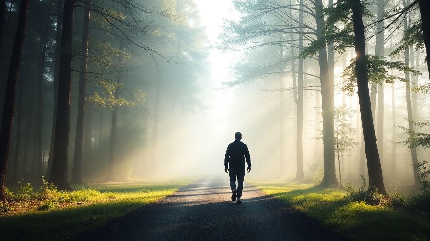 Person walking on a path in a forest.