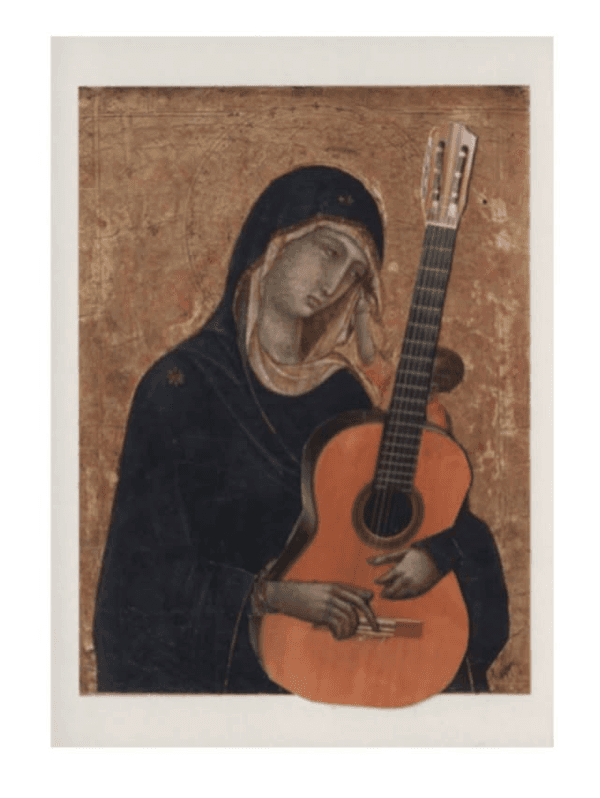 Collage of a woman playing guitar layered over dark background