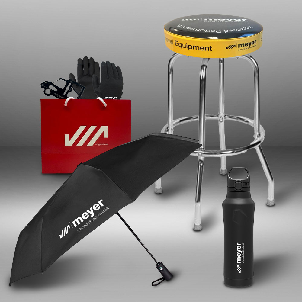 Fully customized stools and various other promotional products promote the Meyer brand, a division of Aebi-Schmidt.