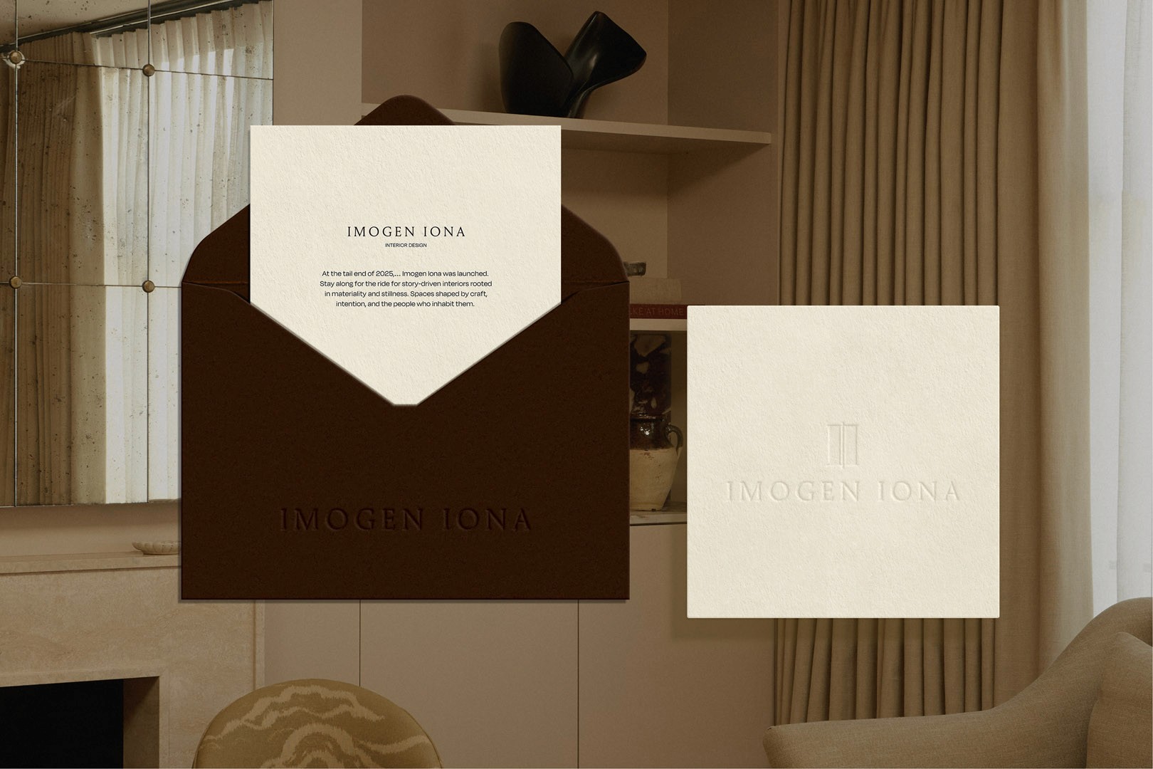Imogen Iona car and envelope on a sitting room background image