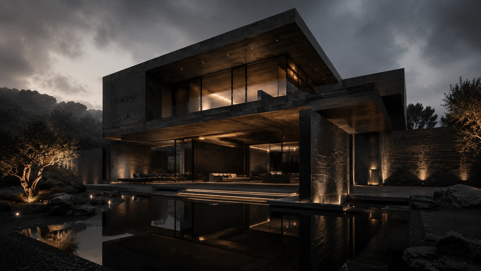 Contemporary brutalist luxury villa with black travertine, floor-to-ceiling glass, and a reflective infinity pool illuminated at dusk.