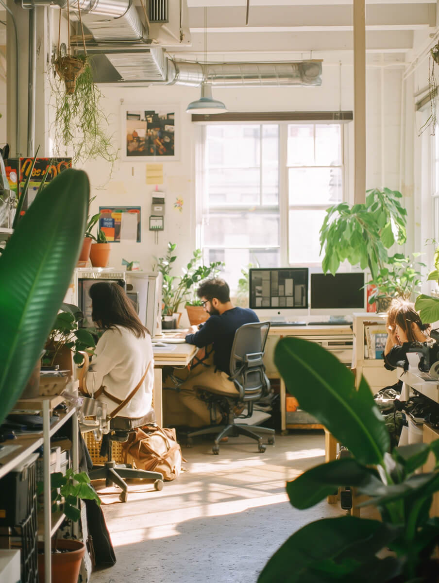 Group of people working at desks in a plant-filled creative studio with large windows and desktop monitors