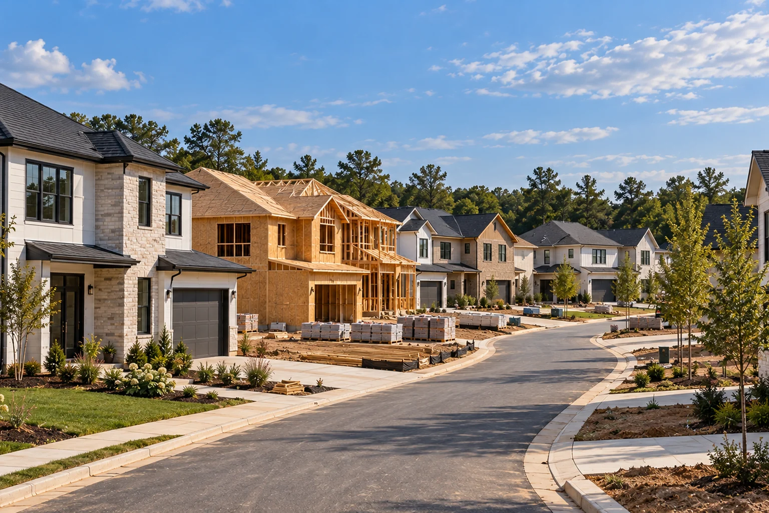 New homes under construction along a neighborhood street