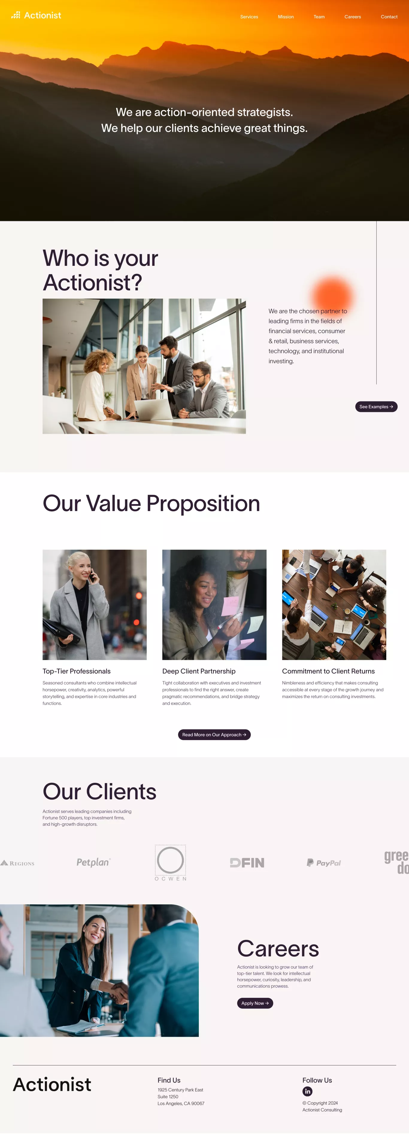 Actionist Consulting Group landing page screenshot showcasing Marketing design