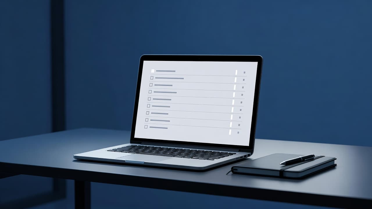 A close-up view of a sleek laptop screen showcasing a minimalist, organized task list in deep blue tones. The dramatic, high-contrast lighting highlights a professional desk setup for efficient workflow management.