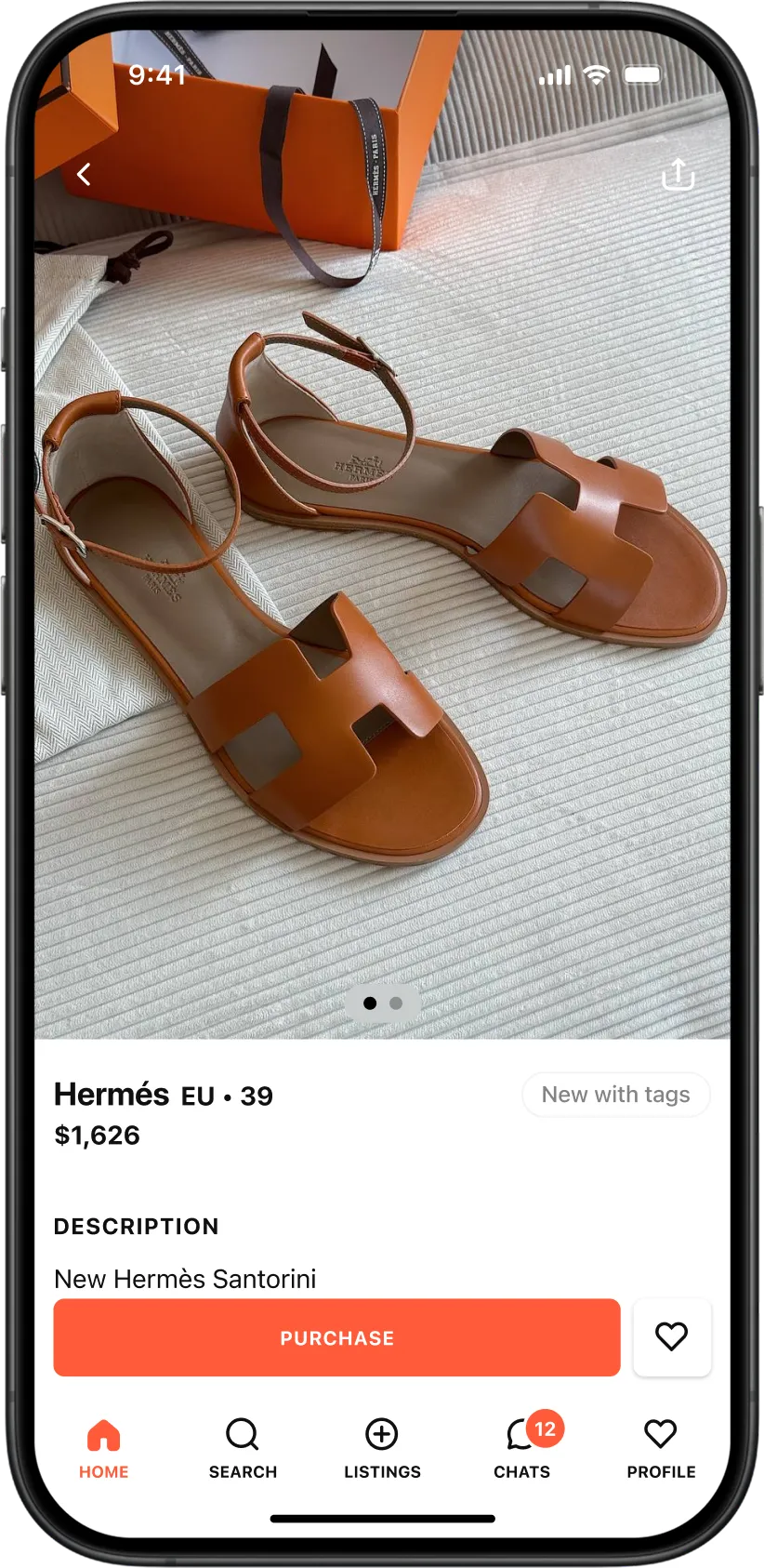 Product detail screen in the Tuff Stuff marketplace app, showing a luxury Hermès sandals listing with large product photography, price, condition, description, purchase button, and wishlist action.