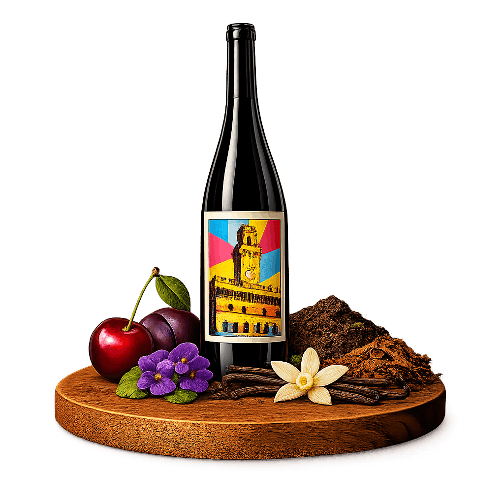 Artistic label and flavor profile for Vino Nobile di Montepulciano on a rustic wooden table.