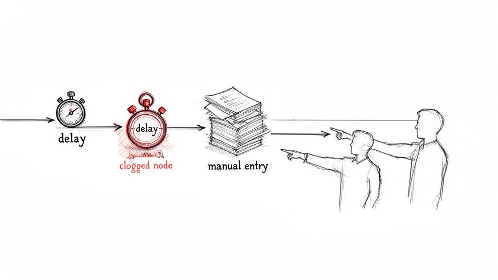 A workflow diagram showing process delays, a clogged node, manual entry, and people pointing fingers.
