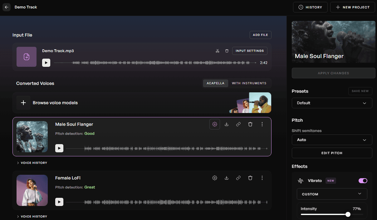 The Kits AI voice changer studio page with a demo audio and converted vocals featuring the Male Soul Flanger and Female LoFi voice models.