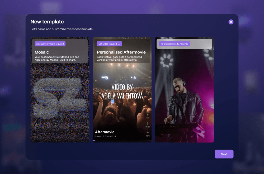 screenshot of three video templates in the Backstage dashboard of Get Moments