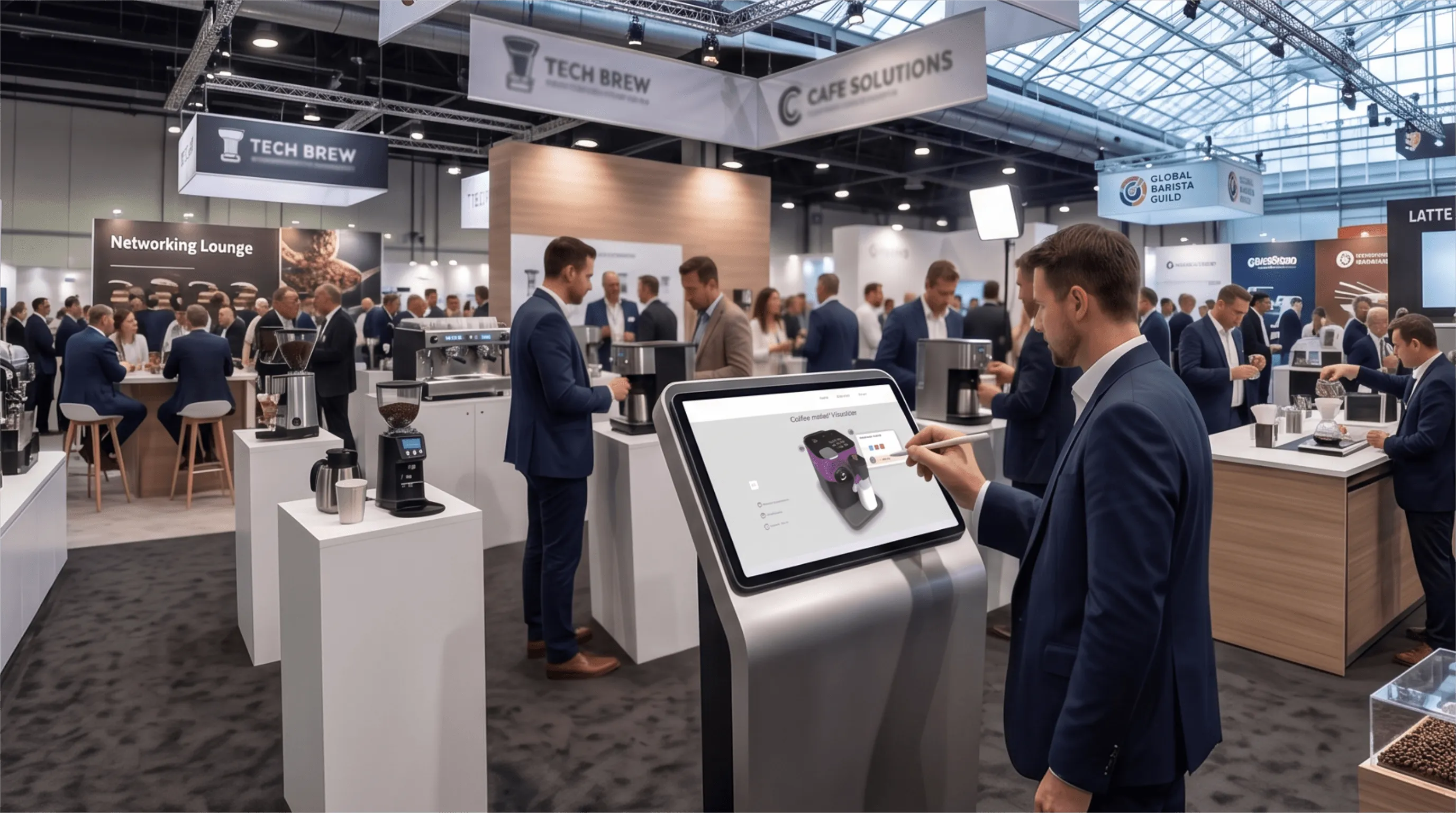 Coffee maker 3D product visualization on touch kiosk at a coffee industry trade