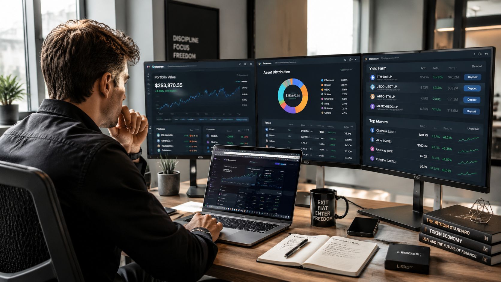 A professional analyzing financial crypto portfolio tracking dashboards on multiple monitors in a modern home office.