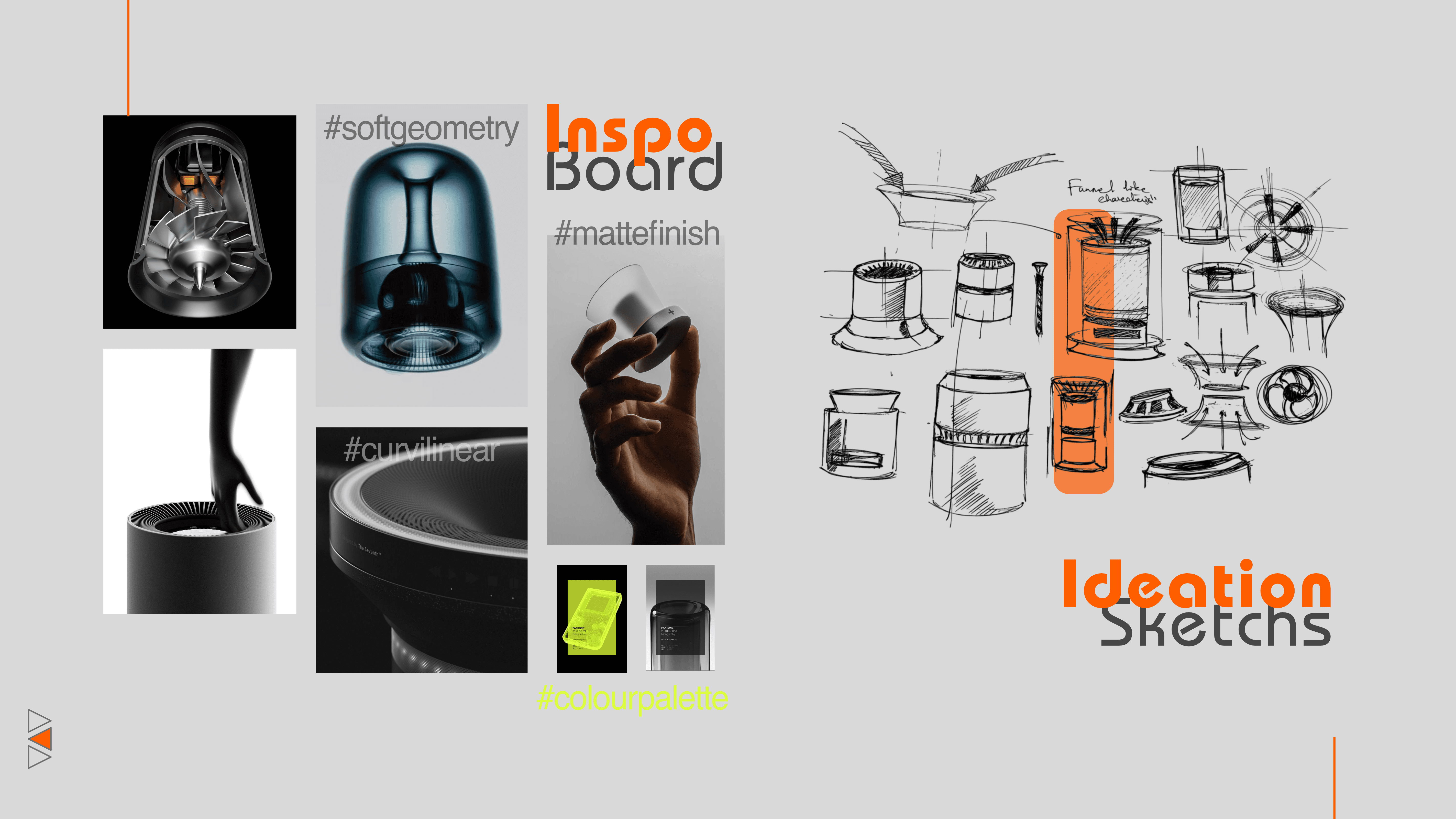Translating inspiration and "soft geometry" into functional form through iterative sketching and exploration of funnel-based airflow architecture.
