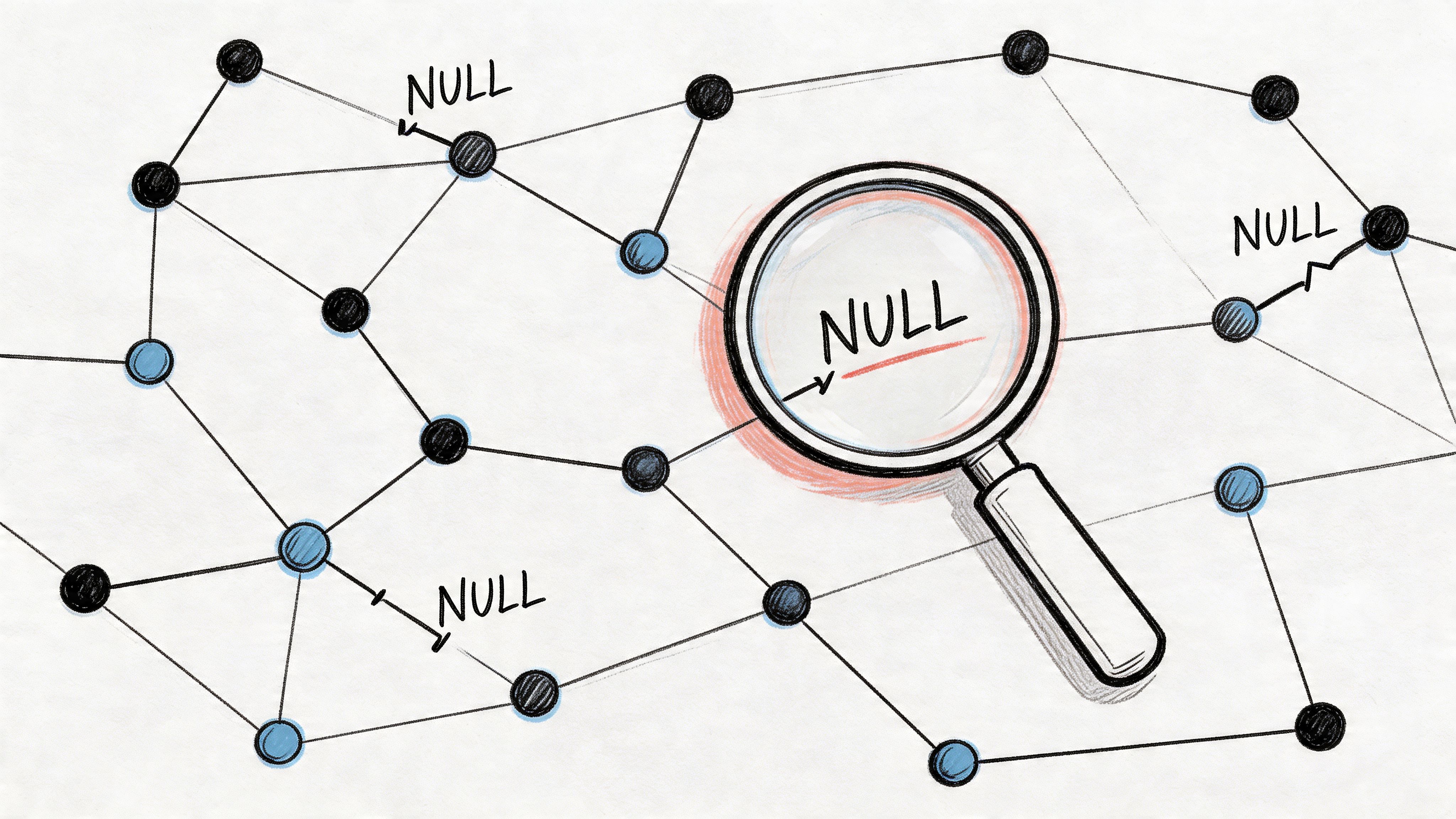 A hand-drawn illustration showing a network of nodes connected by lines, with a magnifying glass revealing a NULL value.