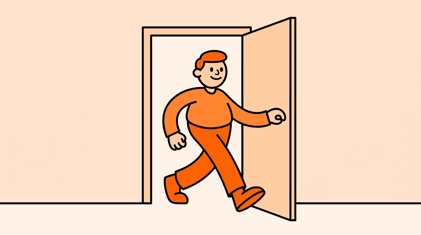 person walking through an open door