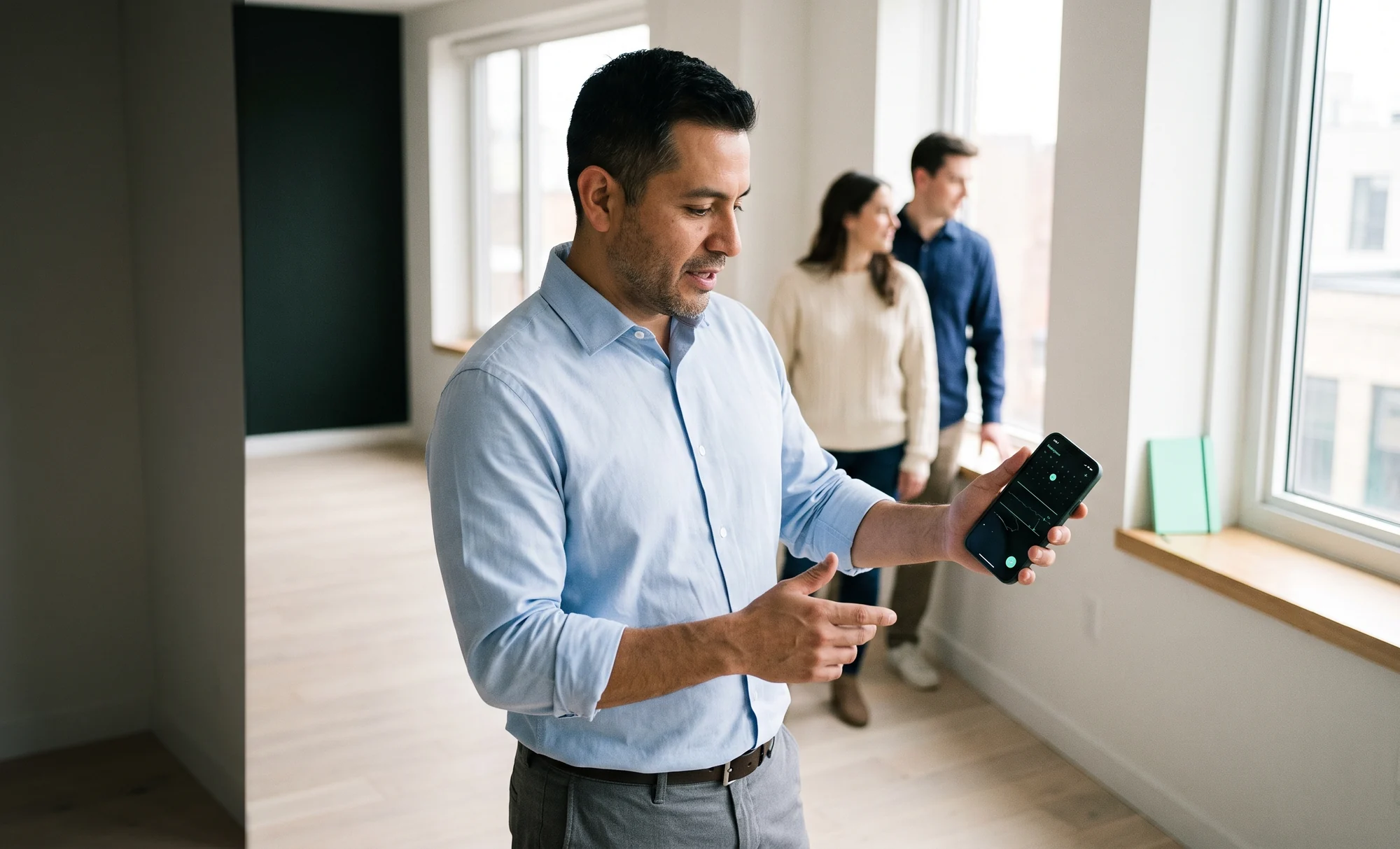A man holding up his phone in a bright office