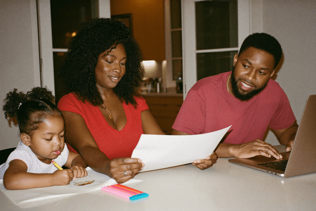 Parents reviewing paperwork at the kitchen table while their daughter draws