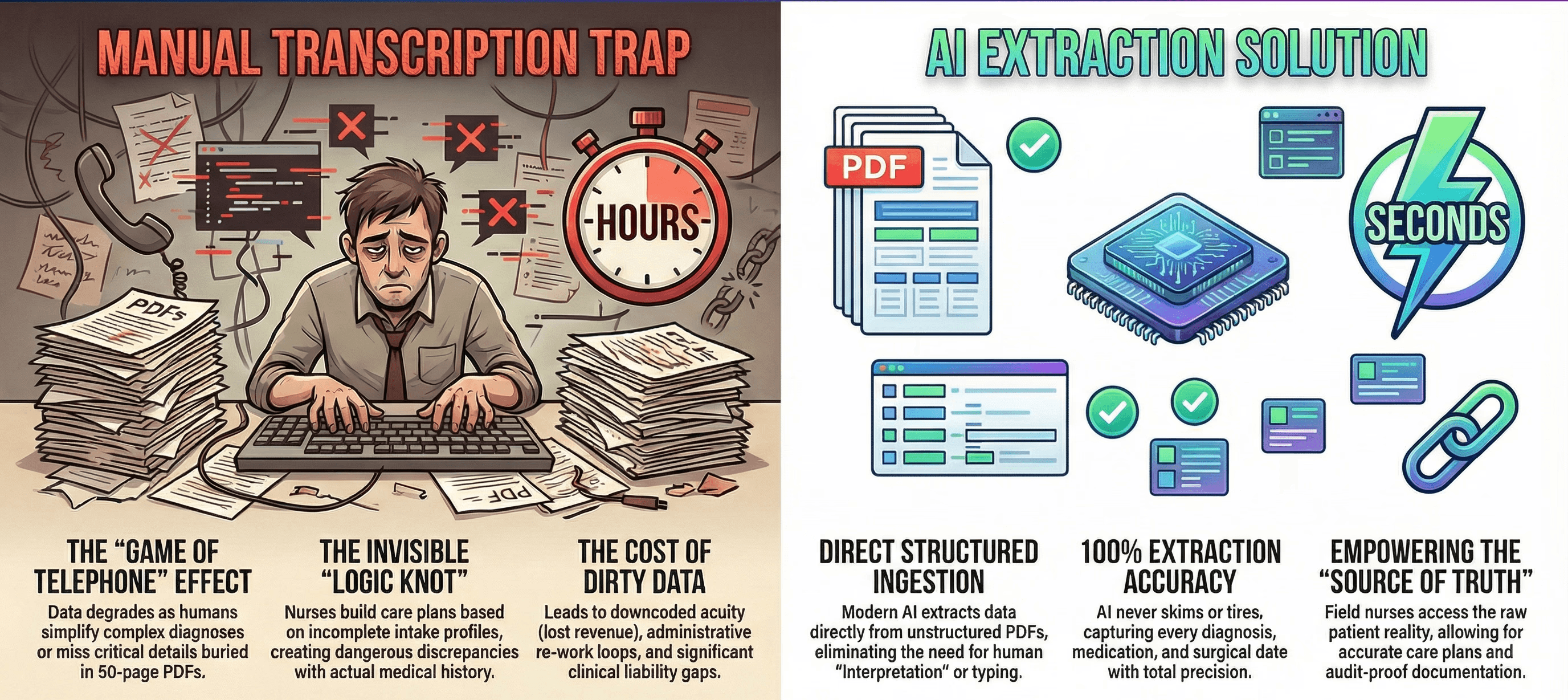 A split-screen comparison infographic. Left Side (Manual Transcription Trap): An exhausted office worker buried under piles of paper PDFs with red "X" error icons and a clock showing wasted hours; captions highlight the "Game of Telephone" effect and "Logic Knots." Right Side (AI Extraction Solution): A clean, modern graphic of a computer processor instantly converting a PDF into structured data with green checkmarks; a lightning bolt icon labeled "Seconds" highlights speed and 100% extraction accuracy.