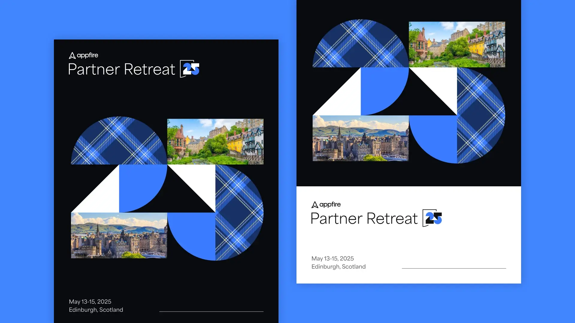 Event poster for Appfire's Partner Retreat, May 13-15, 2025, Edinburgh, Scotland. Features geometric shapes, tartan pattern, and cityscape images.
