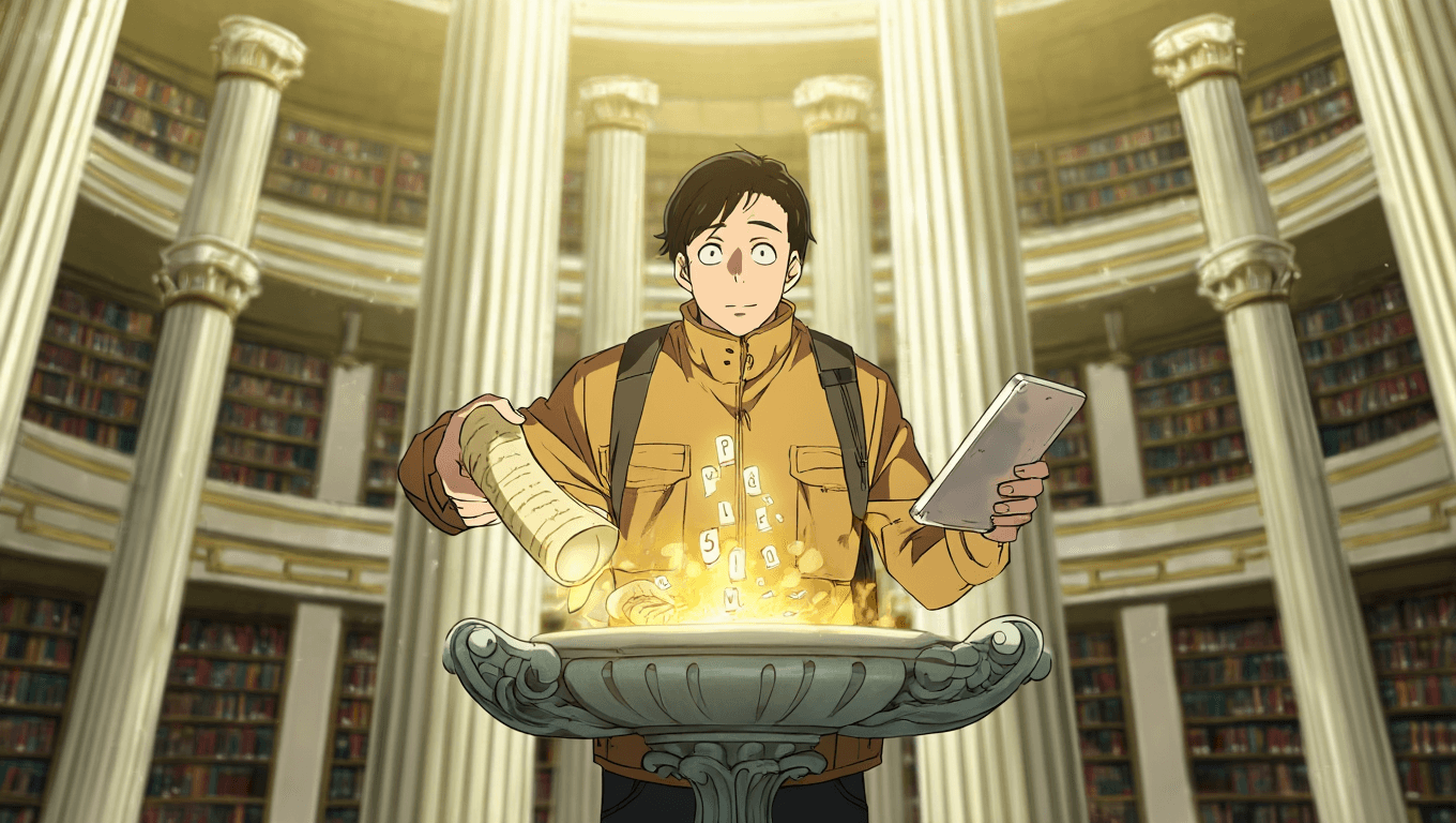 Étape 1 Importer : Un étudiant de style anime plaçant des parchemins et des tablettes dans un bassin de marbre néoclassique lumineux, représentant l'importation de cours sur Aistote.