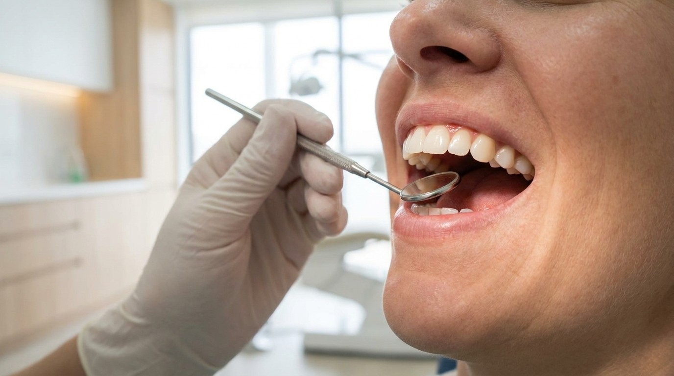 A dentist examines a patient's healthy front teeth to check if they are a good candidate for porcelain veneers.