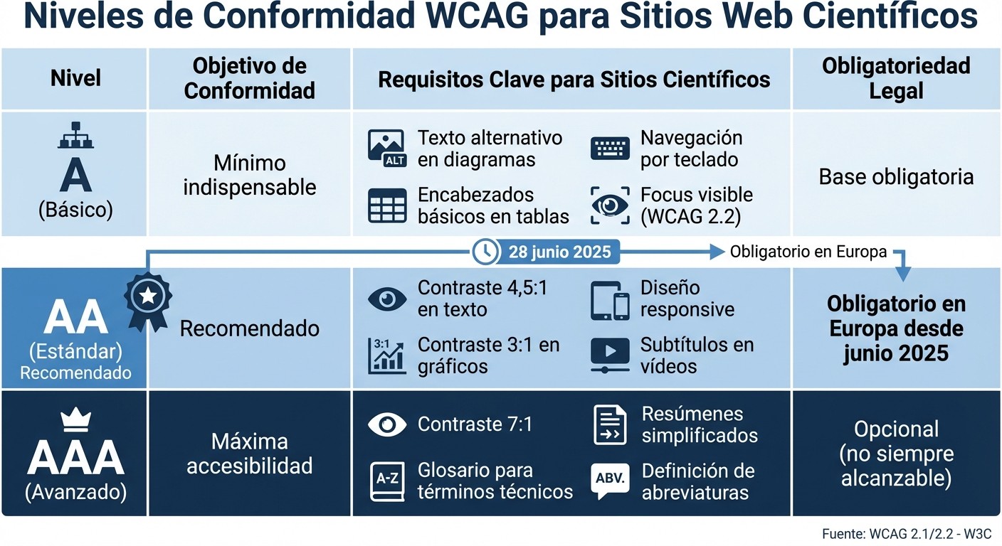 Tabla comparativa de niveles de conformidad WCAG para sitios web científicos