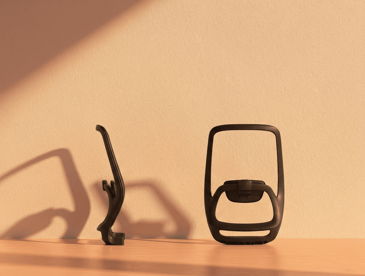 An ergonomic office chair backrest frame from SingOFai Furniture, showcased in side and front views. The matte black plastic frame features a minimalist, open-frame design with a wide upper section and a reinforced lower support area. The profile view highlights a subtle, supportive lumbar curve. The product is displayed on a light wooden surface against a warm, textured wall, with soft diagonal light creating long, clean shadows.