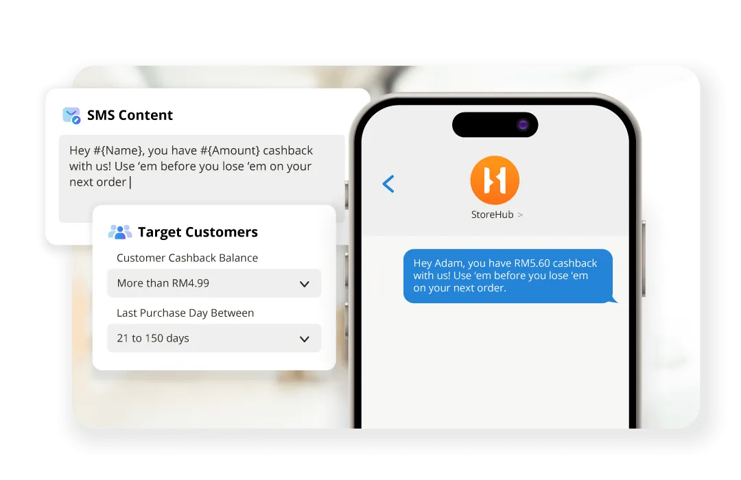 A smartphone displaying a personalised cashback SMS sent through StoreHub CRM based on customer segmentation.