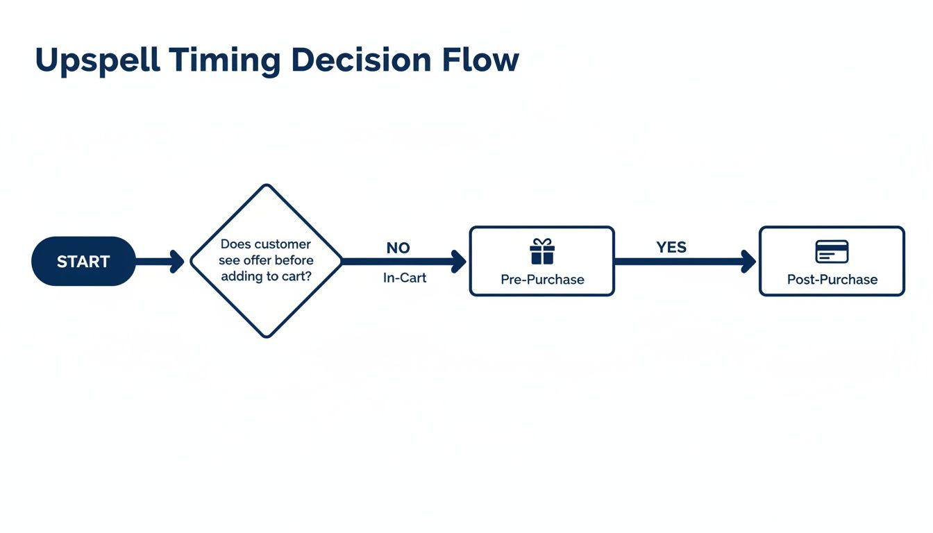 A flowchart illustrating Upspell timing decisions for customer offers before and after purchase.