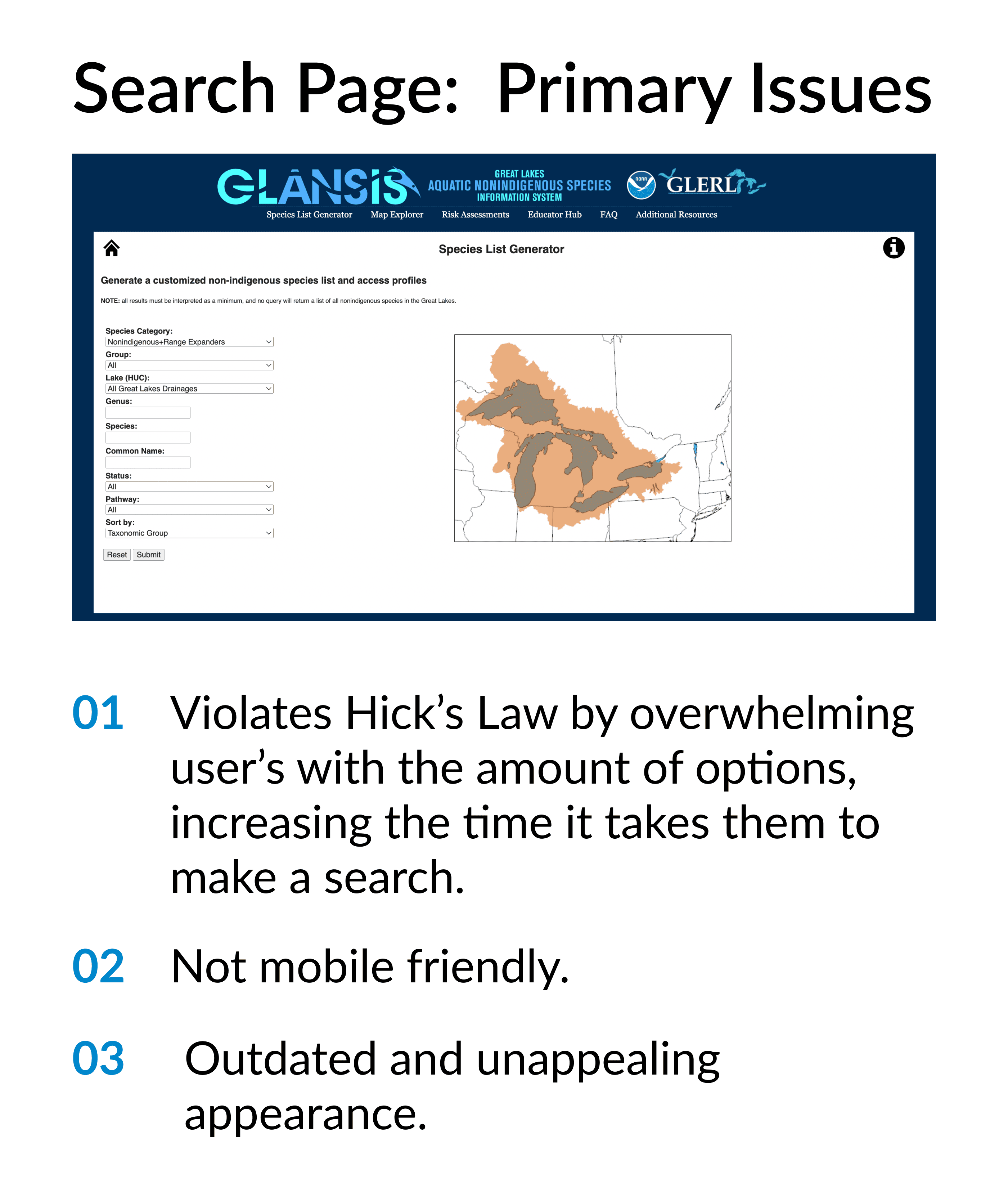 An audit of the issues with the current design for the GLANSIS search page.