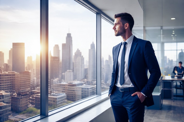 A young man looking toward the horizon in an office.