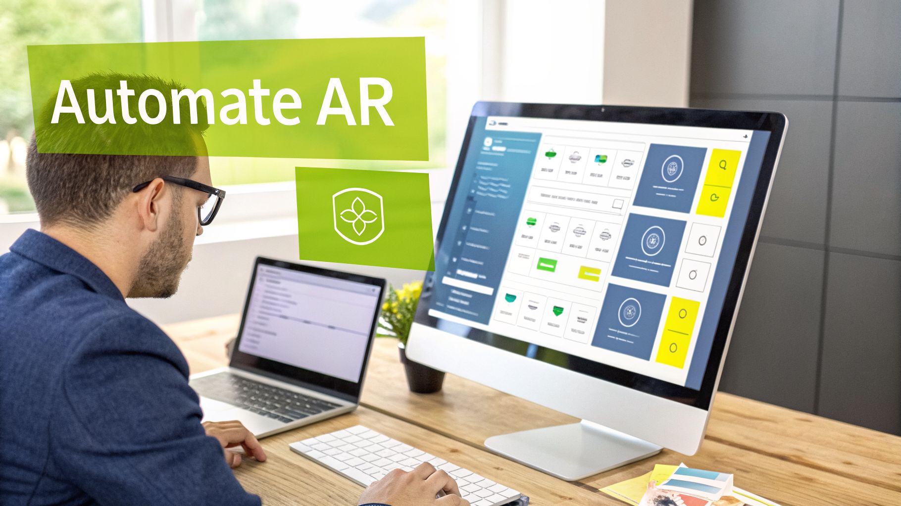 Man at a desk with two computers, displaying a business application and augmented reality elements.