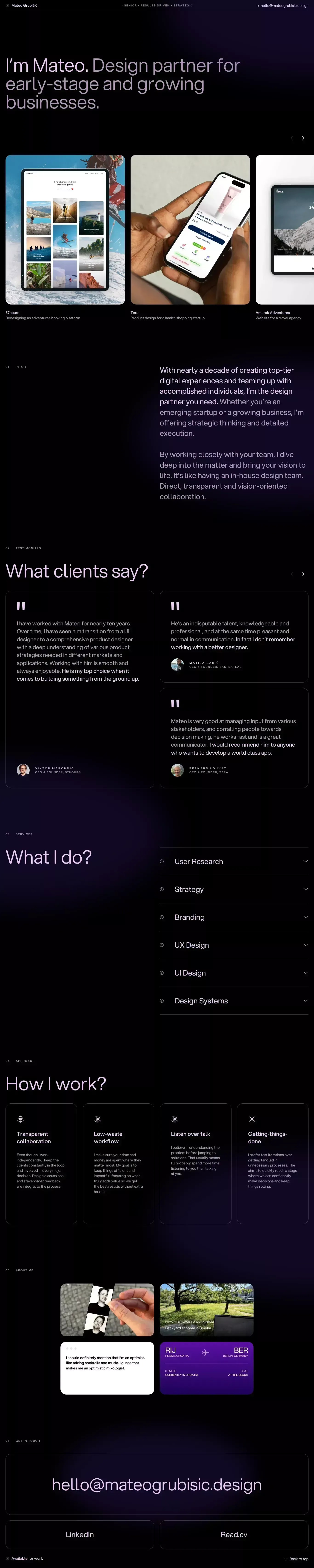 Mateo Grubišić portfolio page screenshot showcasing Design and Tech design